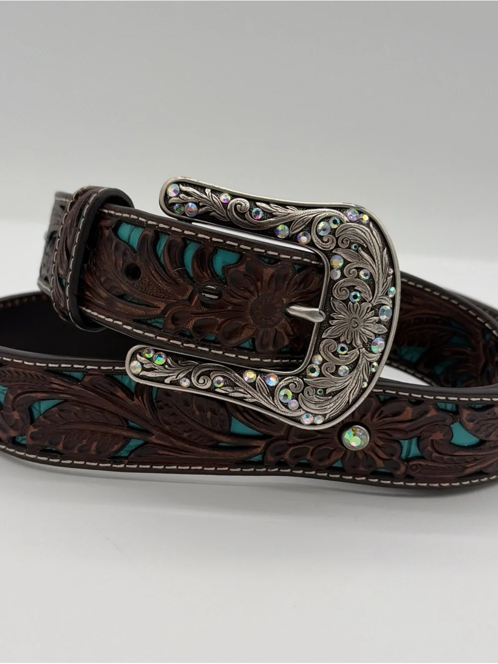 ARIAT Tooled Leather Turquoise Inlay WESTERN Brown Floral Belt Coastal Cowgirl